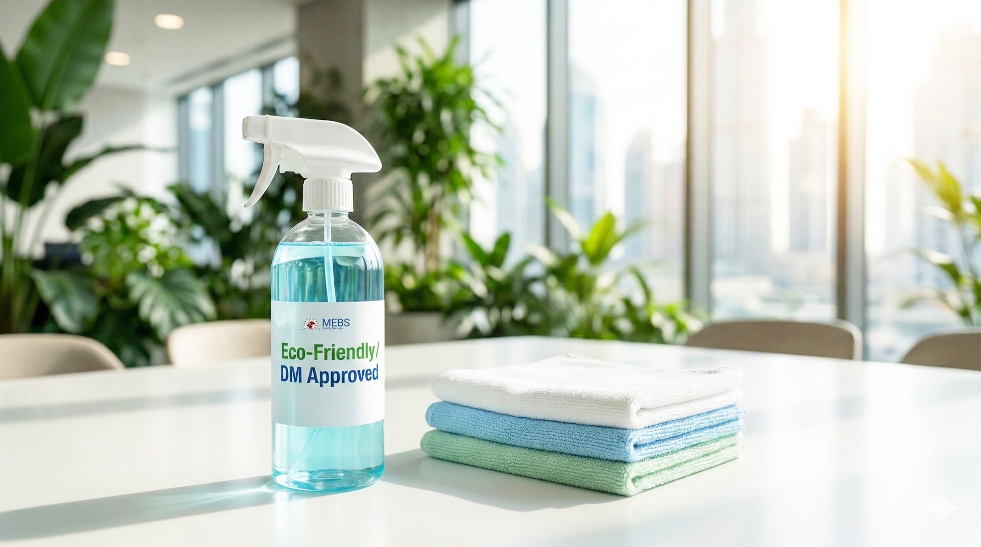Close up of a cleaning bottle labeled "Eco-Friendly / DM Approved" sitting on a white meeting room table.