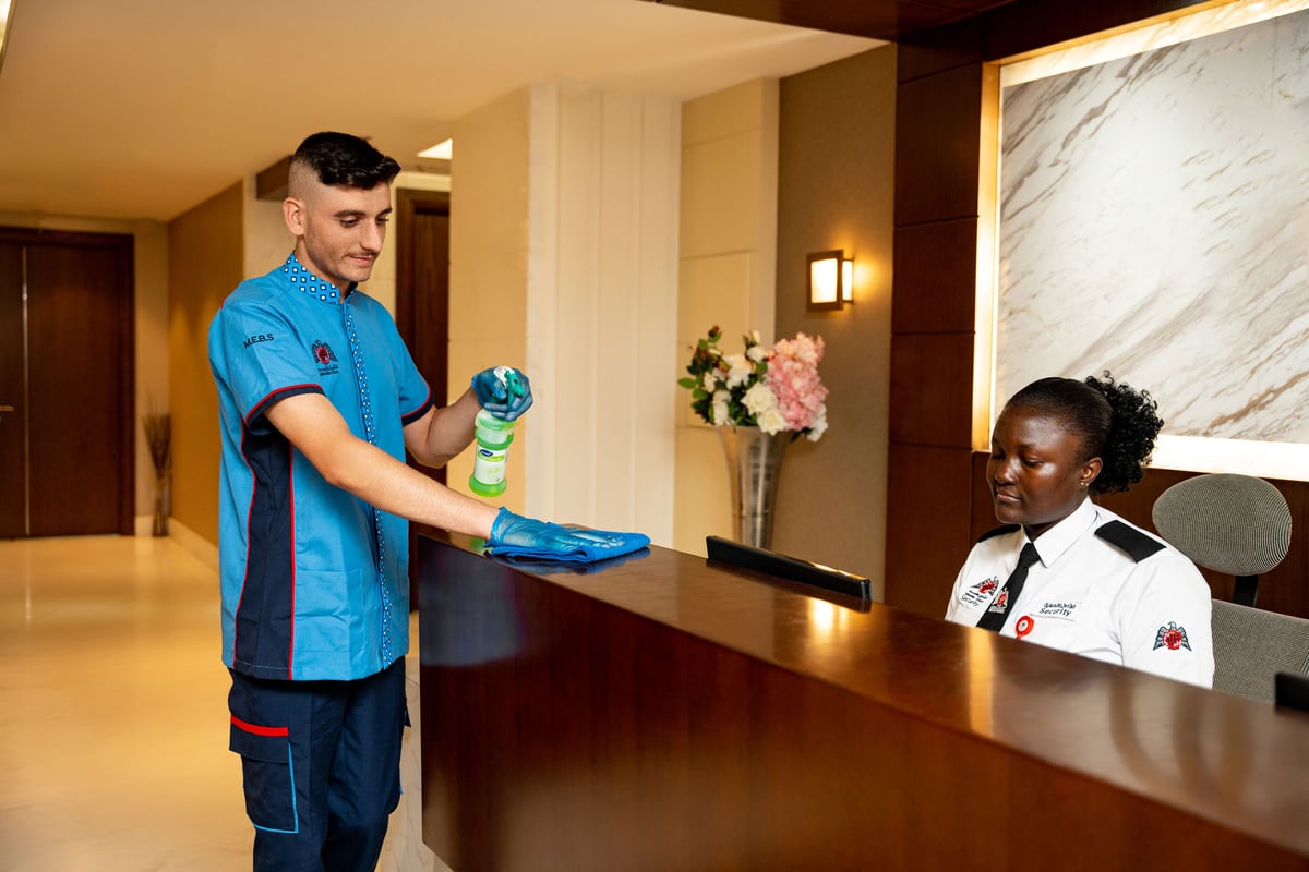 Trained cleaning staff providing office cleaning services in Dubai using eco-friendly equipment