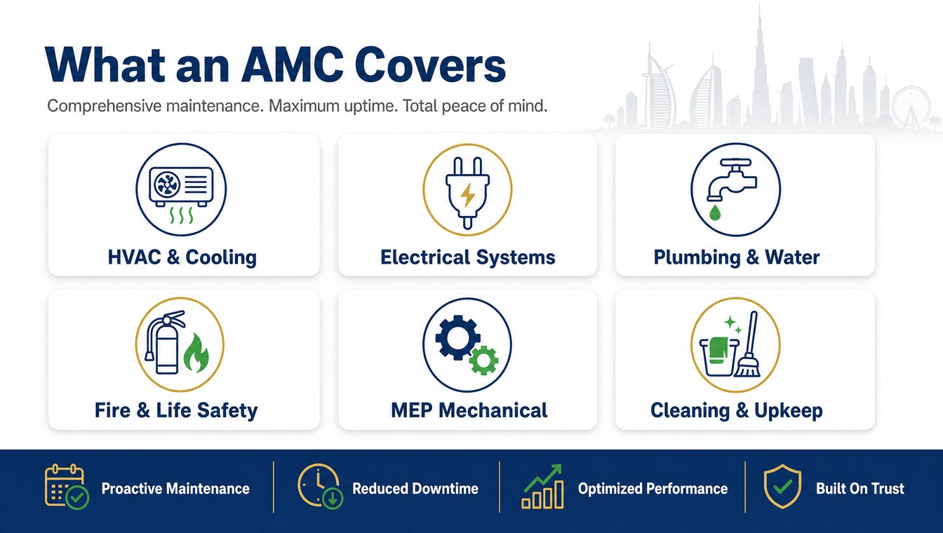 Infographic showing what an annual maintenance contract in Dubai covers: HVAC and cooling, electrical, plumbing, fire and life safety, MEP mechanical, and cleaning