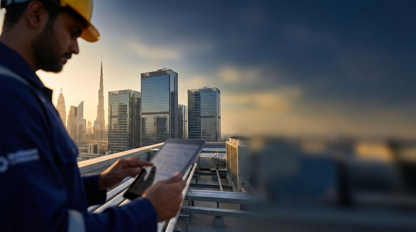 Facilities maintenance engineer inspecting building systems on a rooftop with the Dubai skyline, illustrating annual maintenance contracts in Dubai