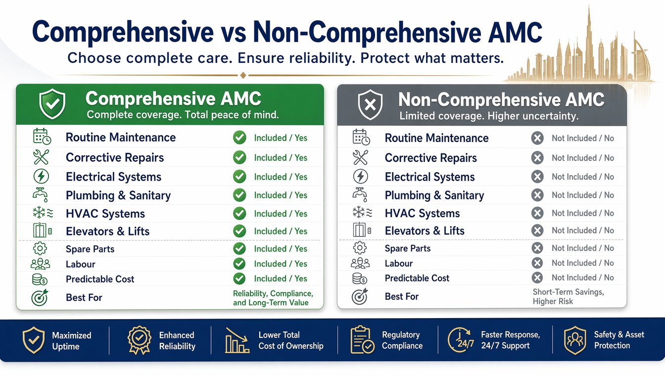 Comparison infographic of comprehensive versus non-comprehensive AMC for Dubai buildings, showing coverage, spare parts, labour, and predictable cost