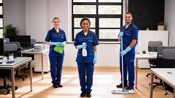Professional commercial cleaning team in a modern Dubai office for an office cleaning checklist guide