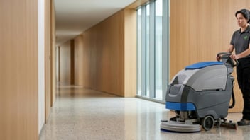 Professional commercial floor cleaning in a modern Dubai office hallway