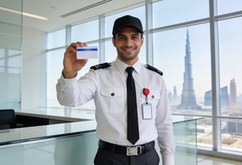 MEBS SIRA-licensed security guard in Dubai holding a renewed security ID card with Burj Khalifa in the background
