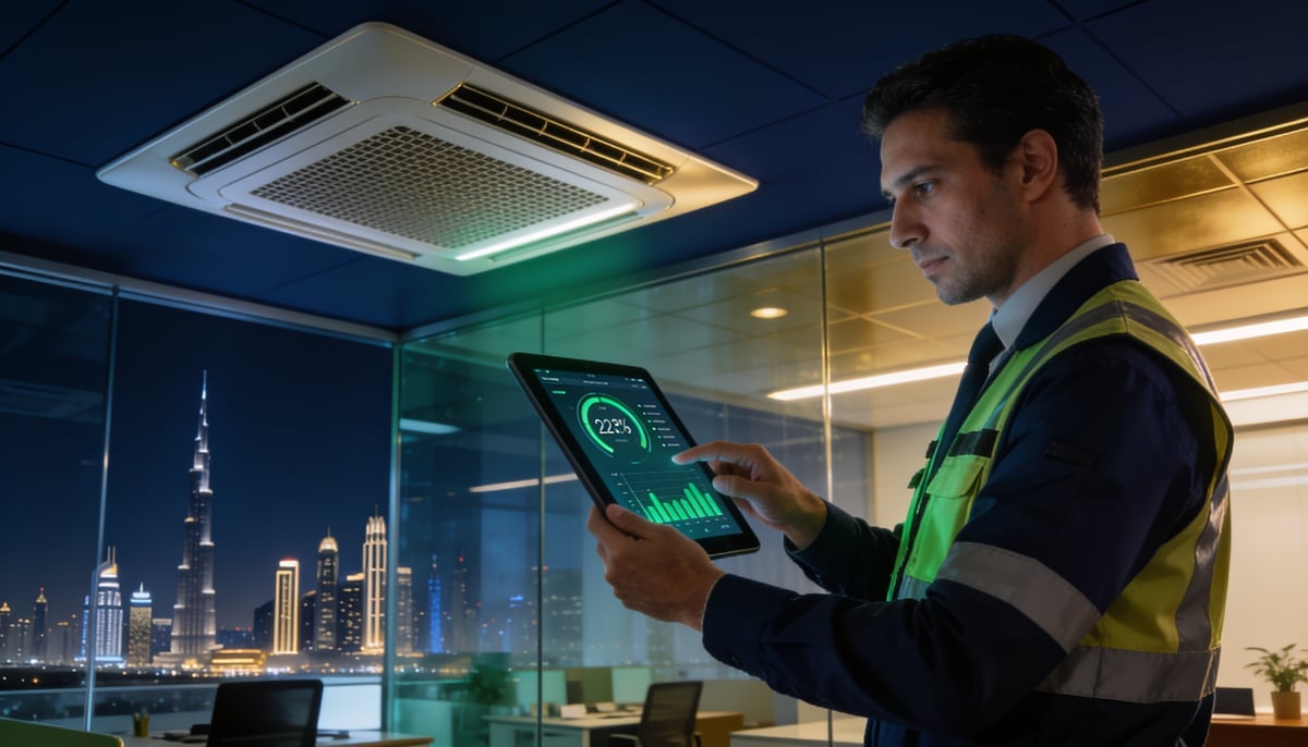 Facility management professional monitoring indoor air quality in a Dubai commercial office building