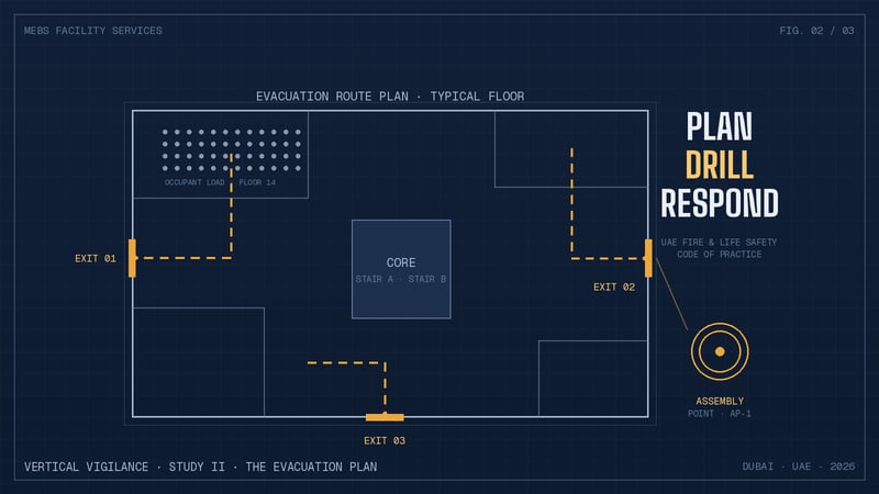 Evacuation route plan diagram for a typical Dubai commercial floor