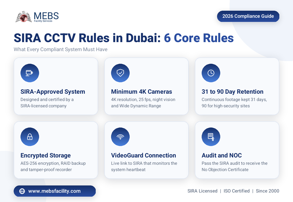 SIRA CCTV rules and regulations in Dubai overview infographic
