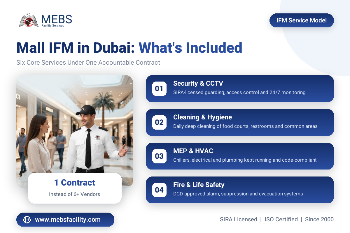 Integrated facility management services bundled for Dubai malls infographic