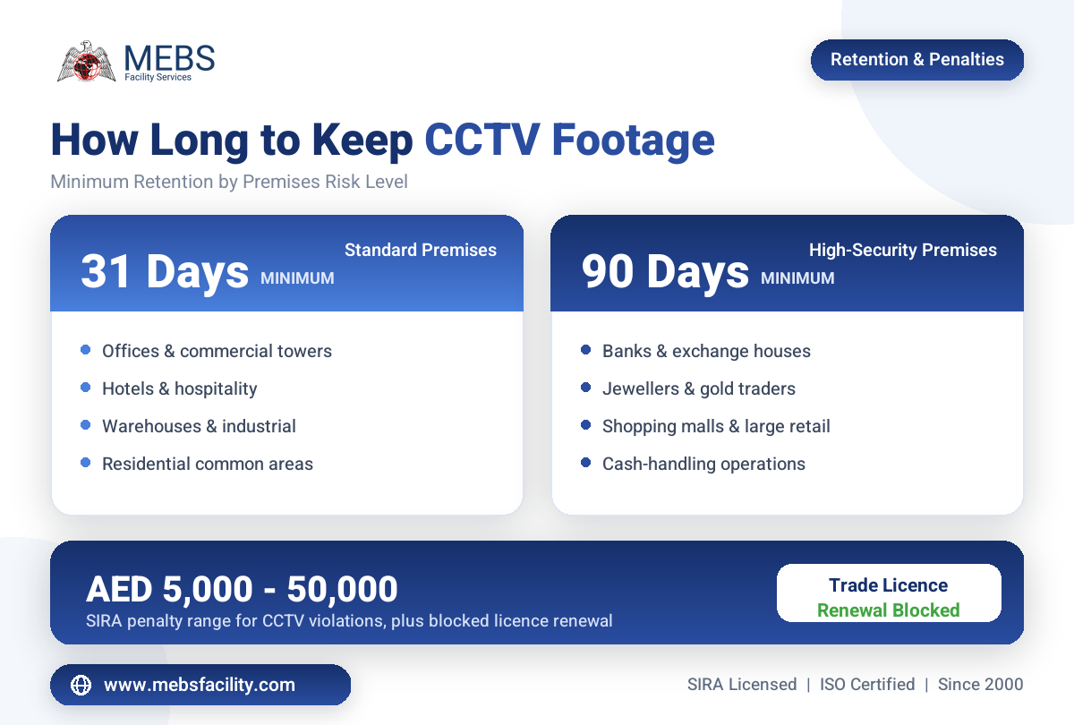 SIRA CCTV footage retention periods and penalties by premises type in Dubai