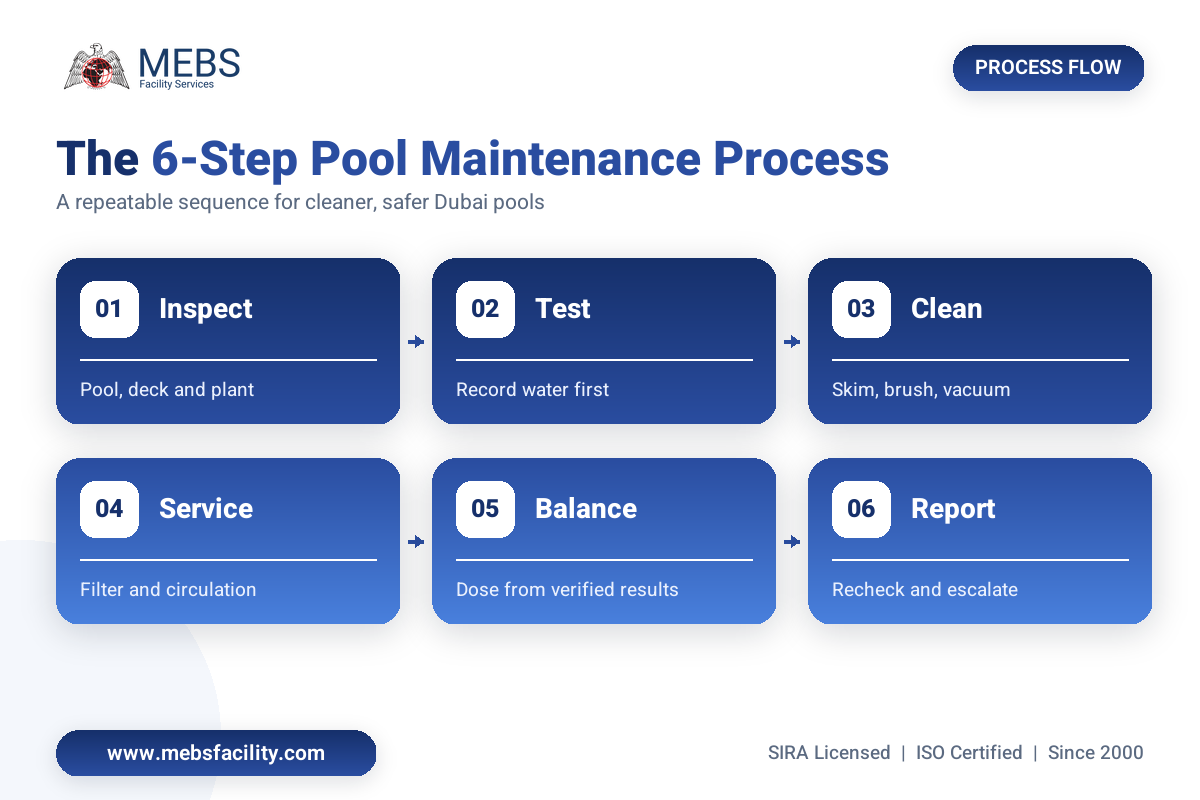 Six step swimming pool maintenance process in Dubai