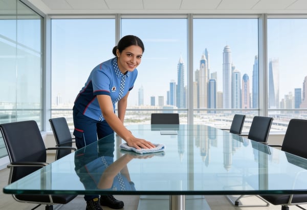 MEBS cleaning professional maintaining a modern Dubai office under an integrated facility management contract
