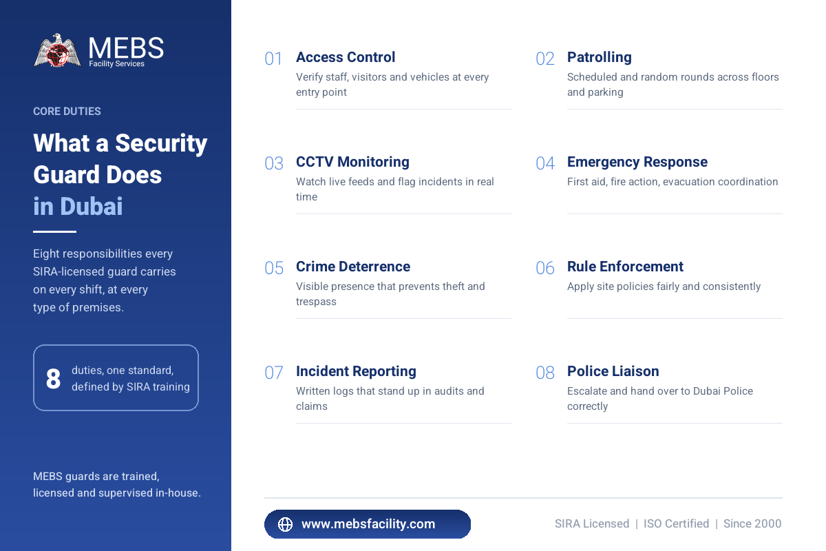 The eight core duties of a SIRA-licensed security guard in Dubai