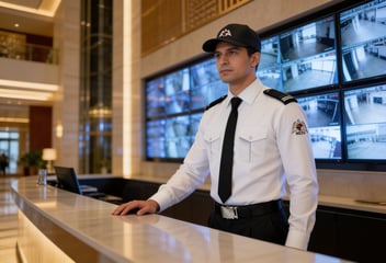 SIRA-licensed MEBS security guard on duty at a Dubai building reception with CCTV monitoring wall