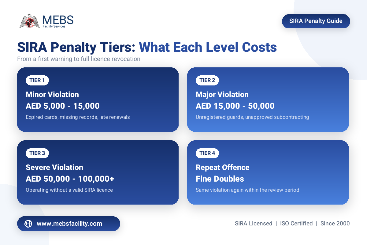 SIRA penalty tiers in Dubai showing fine ranges by violation severity