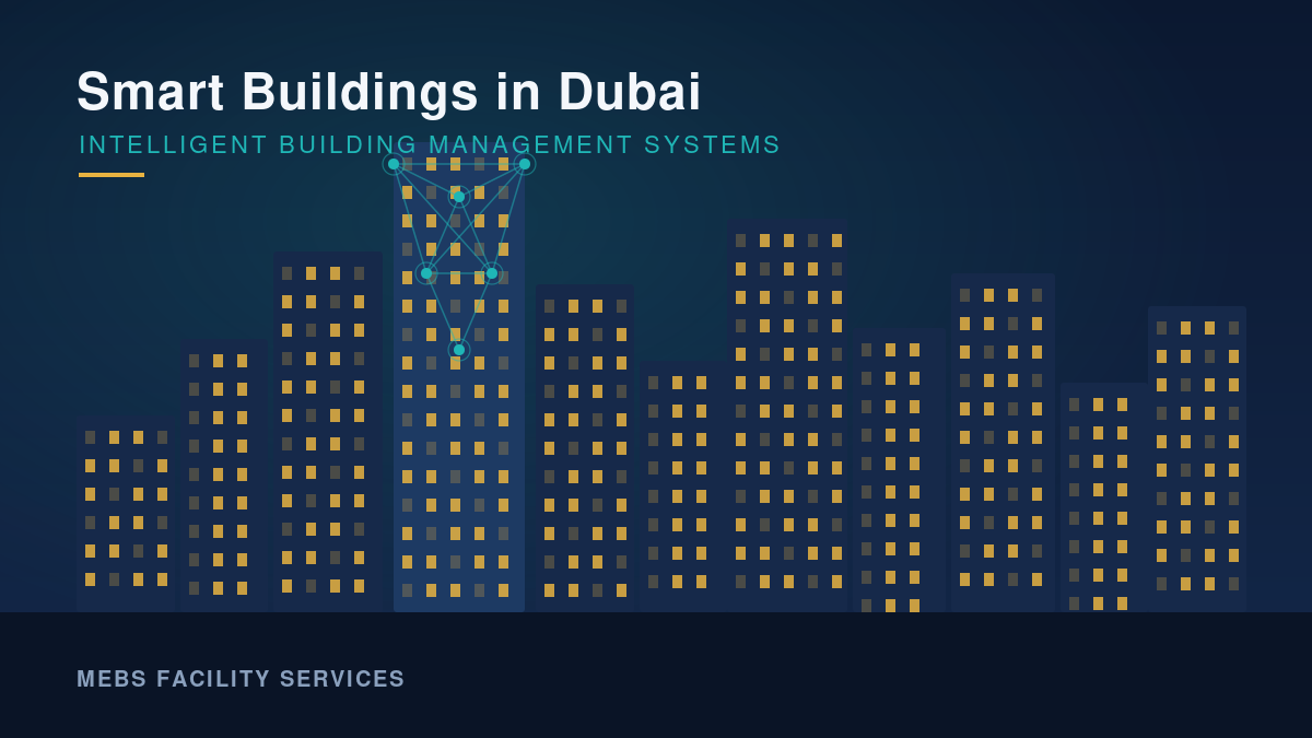 Smart building management system overseeing a Dubai commercial skyline