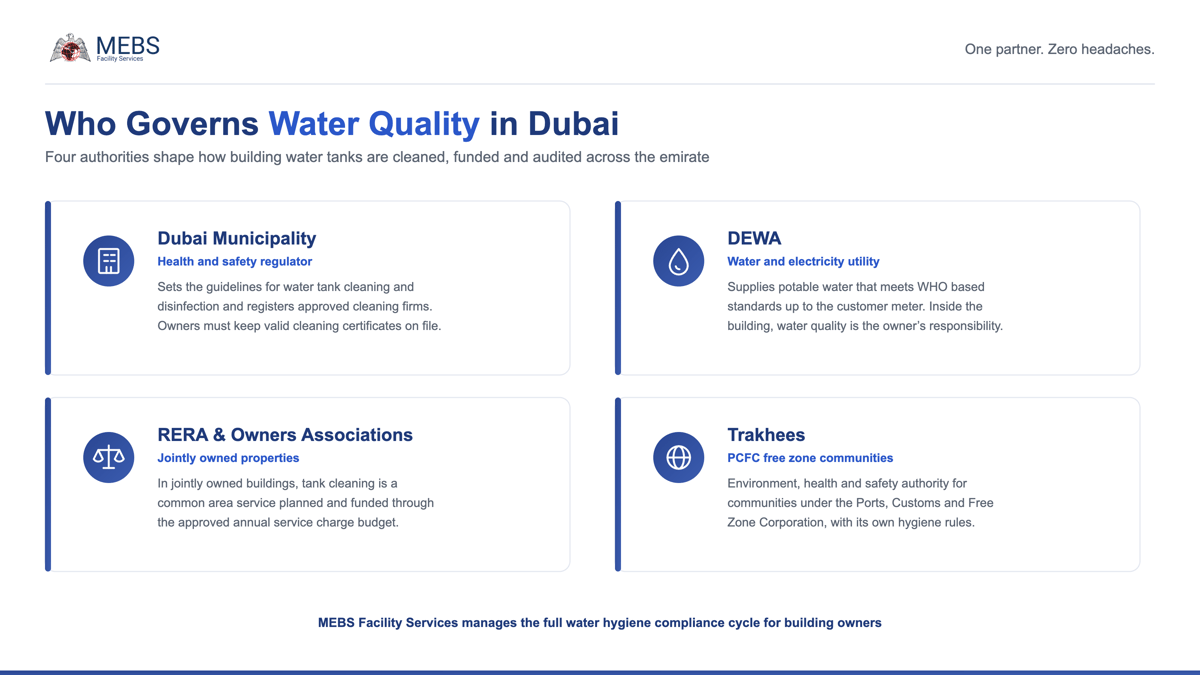Infographic showing the four authorities that govern building water quality in Dubai: Dubai Municipality, DEWA, RERA and owners associations, and Trakhees