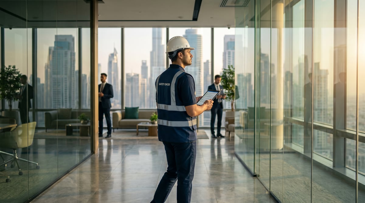 Facility management safety officer inspecting a modern Dubai office tower for workplace safety compliance