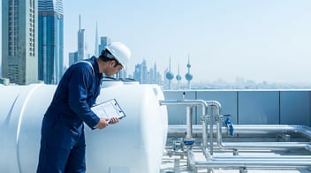 Technician inspecting rooftop water storage tanks on a commercial building in Dubai