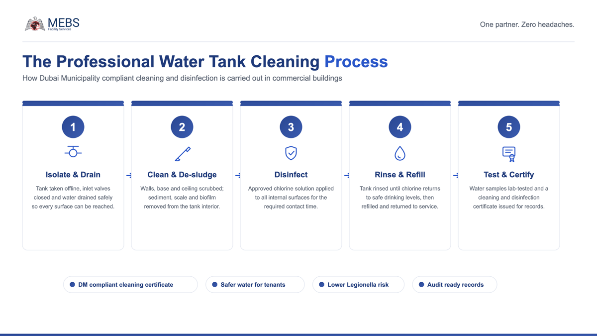 Five step water tank cleaning process infographic: isolate and drain, clean and de-sludge, disinfect, rinse and refill, test and certify